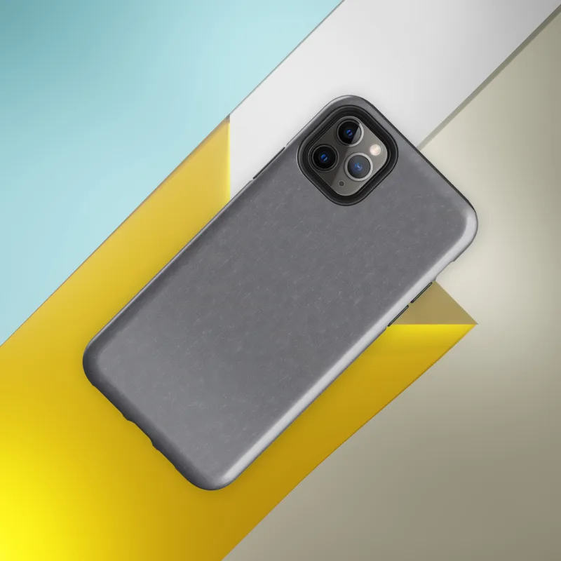 close-up woven chambray fabric texture in muted steel grey with subtle warm undertones and soft tonal variation on Glossy Steel Grey Chambray Texture Tough Case for iPhone - default view