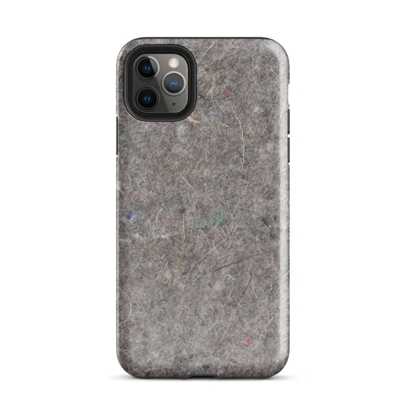 Glossy Raw Industrial Fiber Texture Tough Case for iPhone — close-up of matted gray and taupe recycled felt fibers
