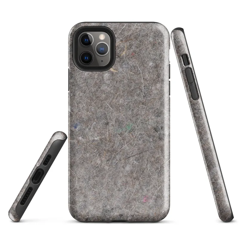 Glossy Raw Industrial Fiber Texture Tough Case for iPhone — close-up of matted gray and taupe recycled felt fibers