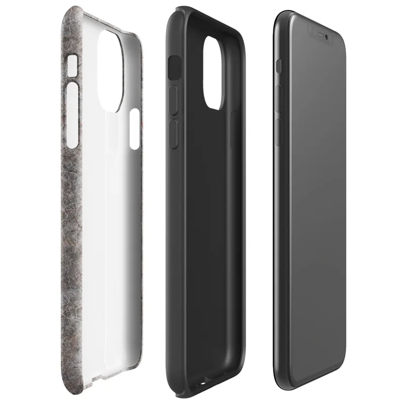 Glossy Raw Industrial Fiber Texture Tough Case for iPhone — close-up of matted gray and taupe recycled felt fibers