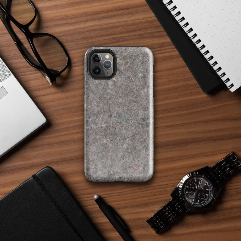 Glossy Raw Industrial Fiber Texture Tough Case for iPhone — close-up of matted gray and taupe recycled felt fibers