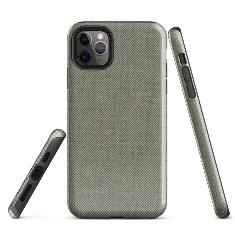 close-up woven textile pattern in warm grey and cream tones resembling fine suiting or linen fabric on Glossy Woven Texture Slate Tough Case for iPhone - default view
