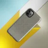 close-up woven textile pattern in warm grey and cream tones resembling fine suiting or linen fabric on Glossy Woven Texture Slate Tough Case for iPhone - default view