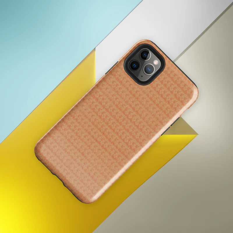 close-up woven crochet knit texture in warm peach and soft apricot tones with horizontal ribbed rows on Glossy Warm Peach Knit Texture Tough Case for iPhone - default view
