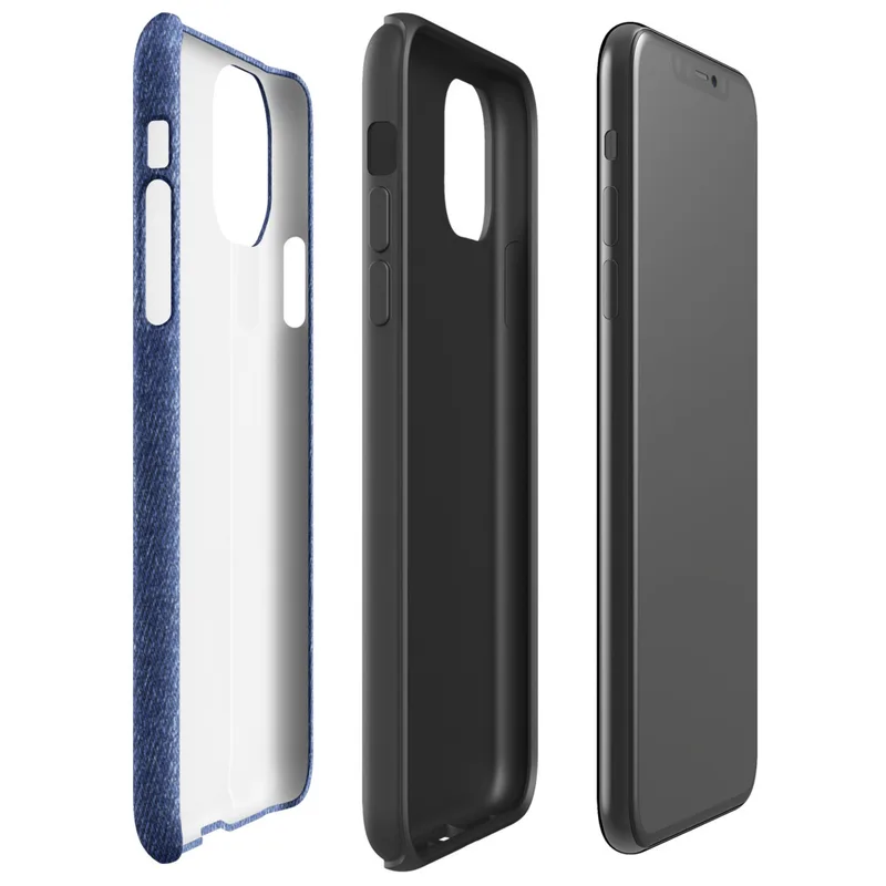close-up realistic blue denim fabric texture with visible diagonal twill weave and subtle thread variation on Glossy Classic Blue Denim Texture Tough Case for iPhone - default view