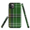 classic Scottish tartan pattern in deep emerald green with intersecting white, golden yellow, and black stripes in a traditional woven plaid style on Glossy Highland Green Tartan Tough Case for iPhone - default view