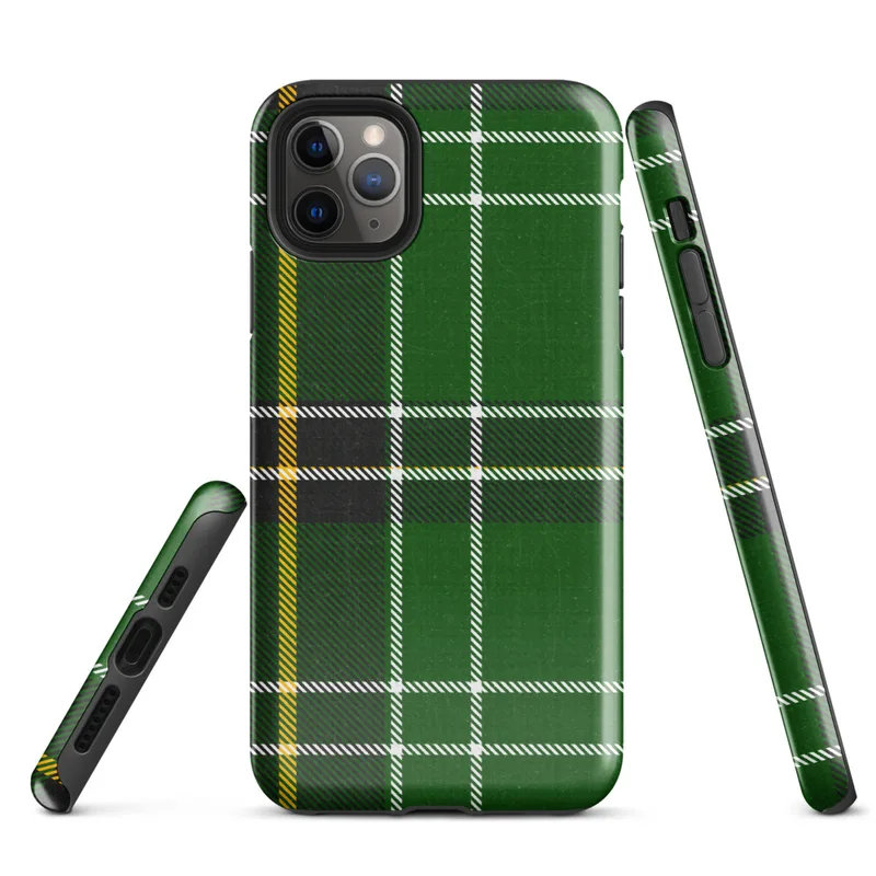 classic Scottish tartan pattern in deep emerald green with intersecting white, golden yellow, and black stripes in a traditional woven plaid style on Glossy Highland Green Tartan Tough Case for iPhone - default view