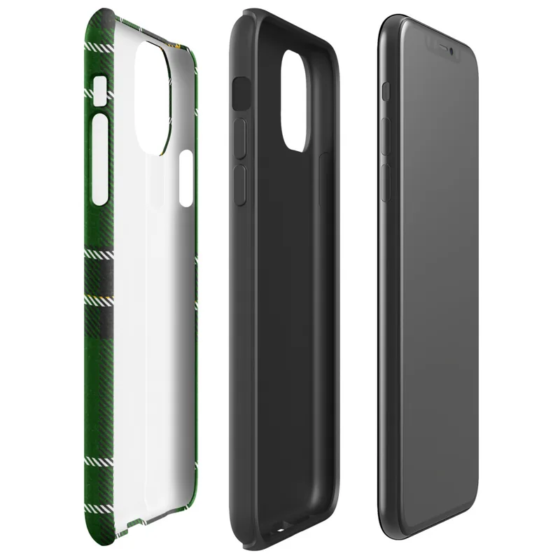 classic Scottish tartan pattern in deep emerald green with intersecting white, golden yellow, and black stripes in a traditional woven plaid style on Glossy Highland Green Tartan Tough Case for iPhone - default view