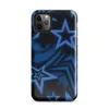 Glossy Dark Star Neon Blue Tough Case for iPhone — overlapping five-point stars in deep blue and black with glowing electric