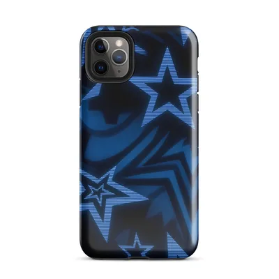 overlapping five-point stars in deep blue and black with glowing electric blue horizontal line textures on a dark background on Glossy Dark Star Neon Blue Tough Case for iPhone - default view