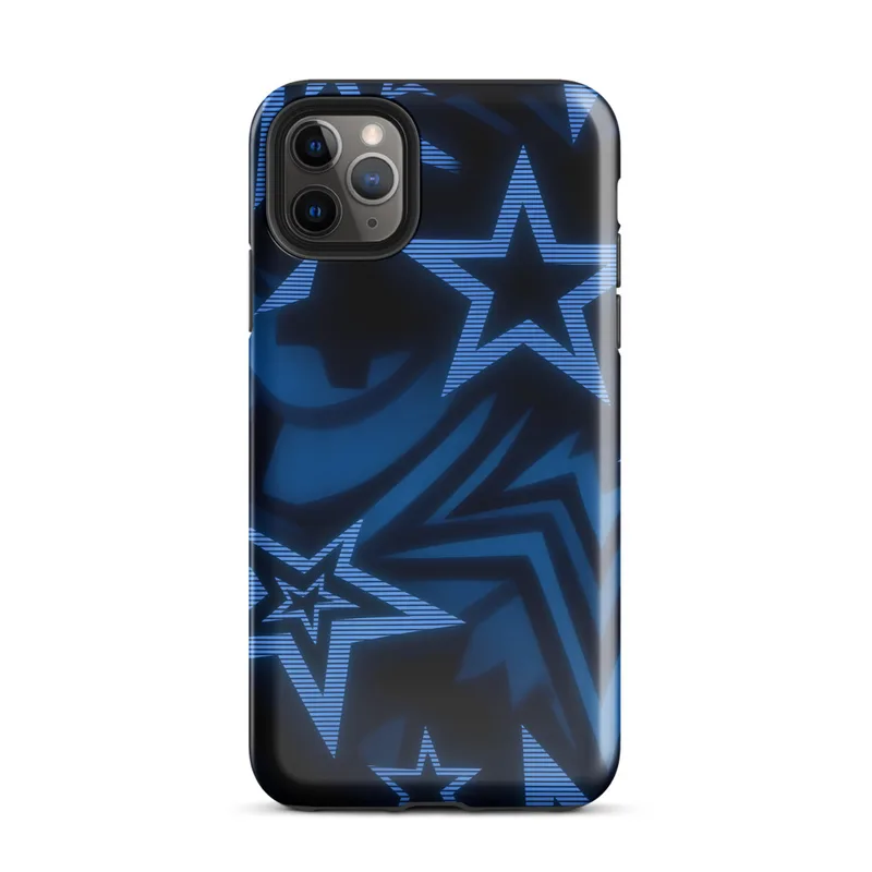 Glossy Dark Star Neon Blue Tough Case for iPhone — overlapping five-point stars in deep blue and black with glowing electric