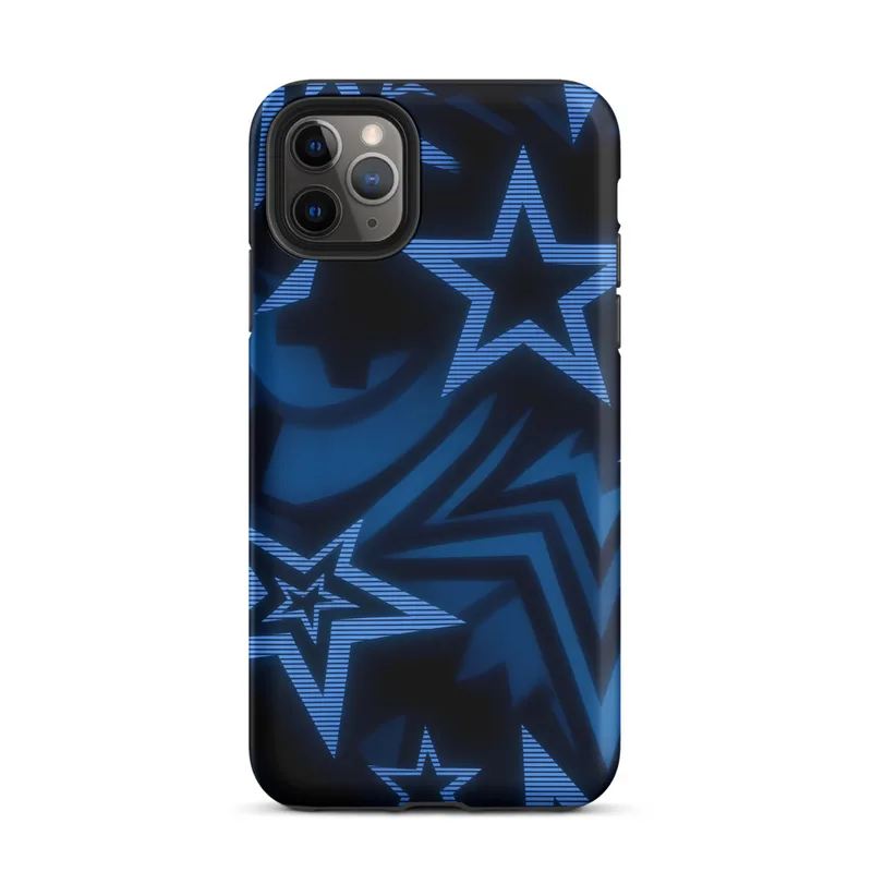 Matte Dark Star Neon Blue Tough Case for iPhone — overlapping five-point stars in deep blue and black with glowing electric