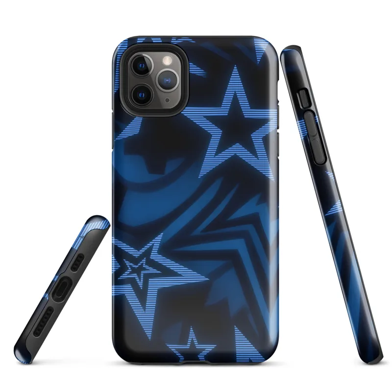 Glossy Dark Star Neon Blue Tough Case for iPhone — overlapping five-point stars in deep blue and black with glowing electric