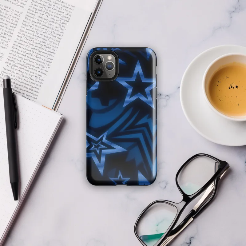Glossy Dark Star Neon Blue Tough Case for iPhone — overlapping five-point stars in deep blue and black with glowing electric