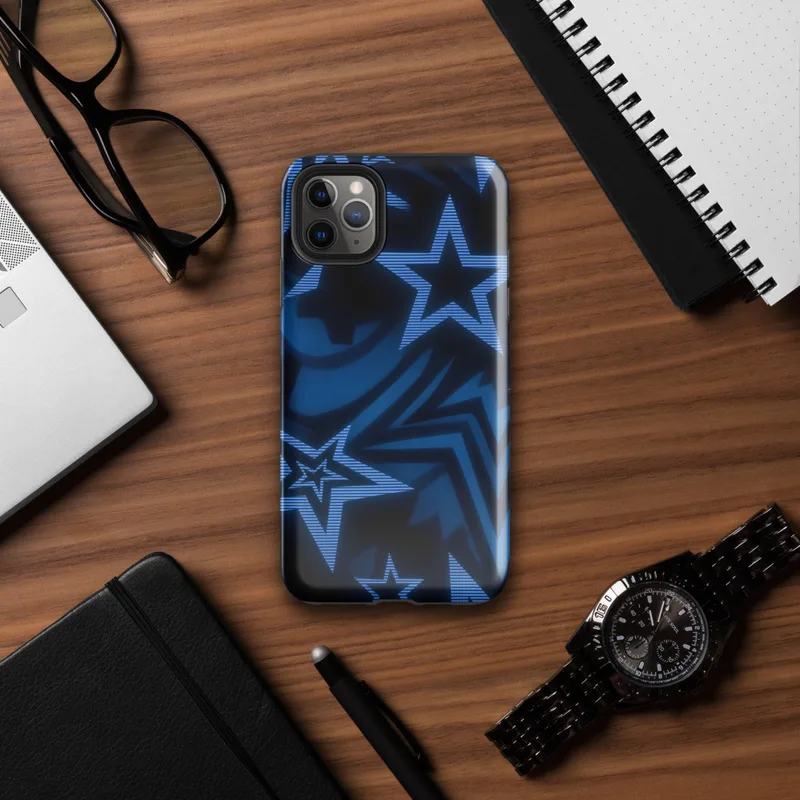 Glossy Dark Star Neon Blue Tough Case for iPhone — overlapping five-point stars in deep blue and black with glowing electric