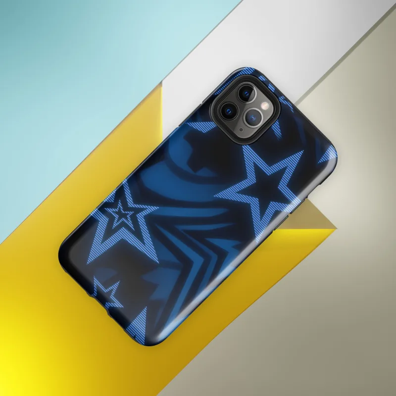 Glossy Dark Star Neon Blue Tough Case for iPhone — overlapping five-point stars in deep blue and black with glowing electric