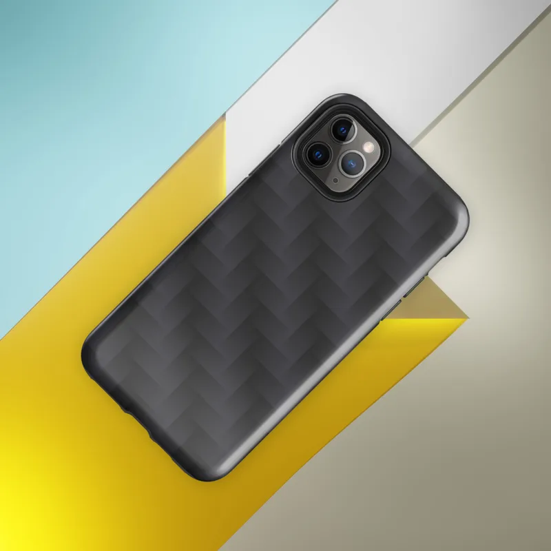Glossy Carbon Weave Armor Tough Case for iPhone — seamless dark carbon fiber weave pattern with interlocking diagonal bands