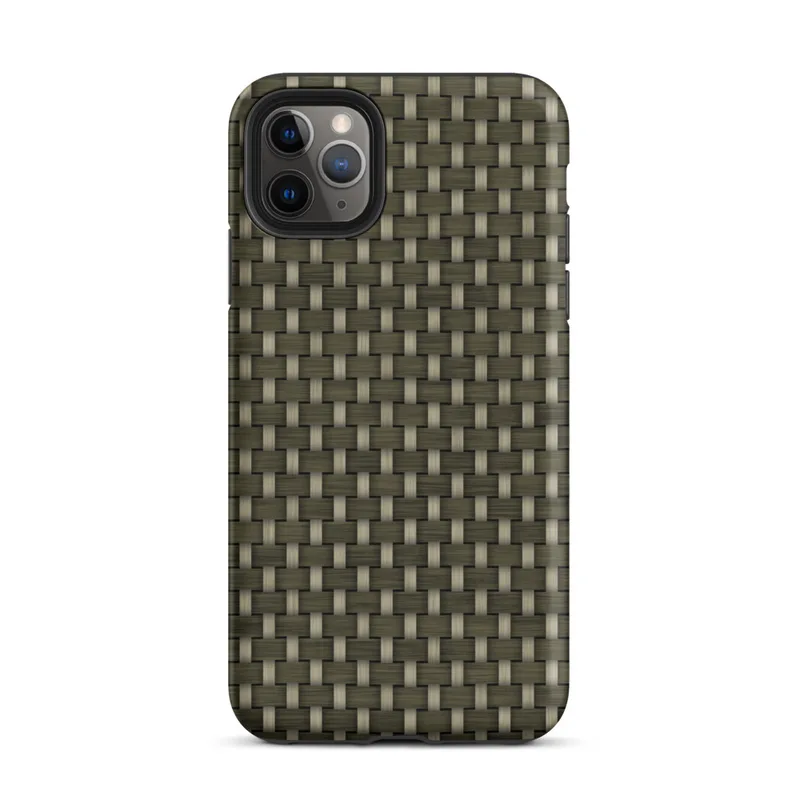 Matte Tactical Woven Armor Tough Case for iPhone — seamless olive green and tan basketweave pattern resembling tightly woven