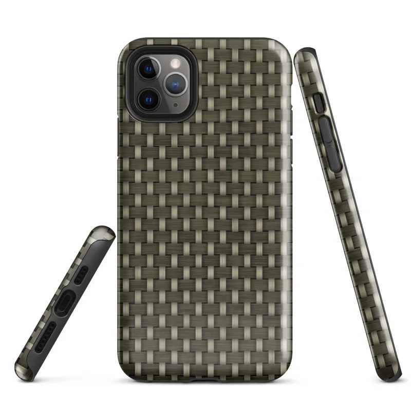 Glossy Tactical Woven Armor Tough Case for iPhone — seamless olive green and tan basketweave pattern resembling tightly