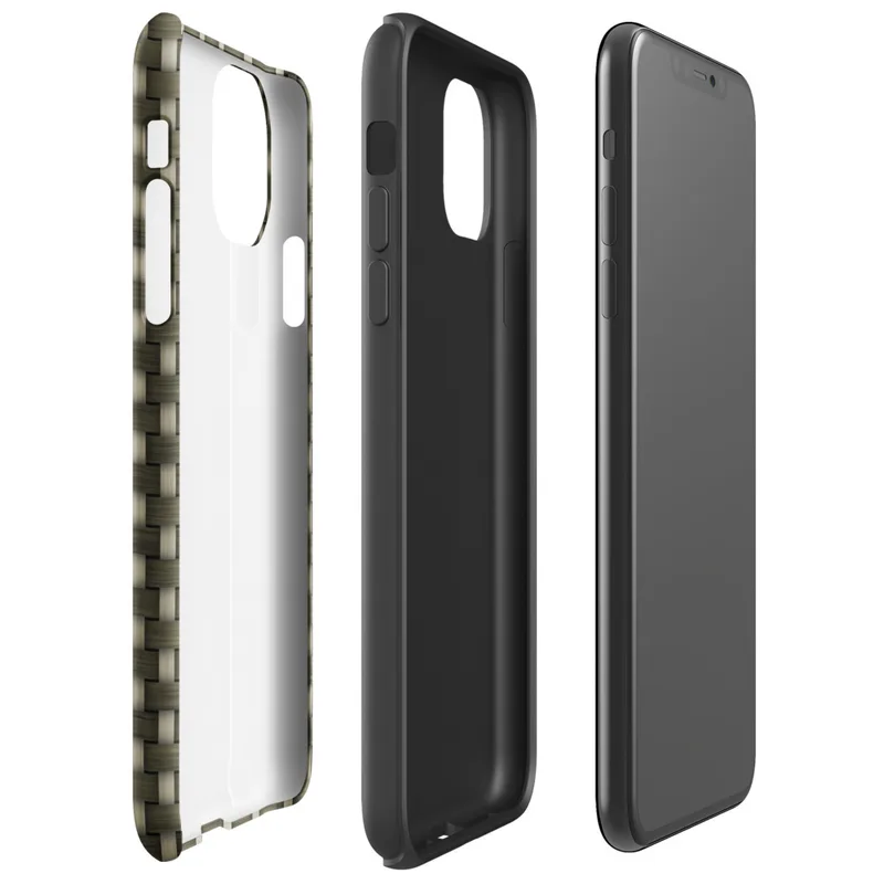 Glossy Tactical Woven Armor Tough Case for iPhone — seamless olive green and tan basketweave pattern resembling tightly