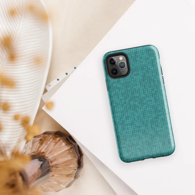 Glossy Teal Knit Texture Tough Case for iPhone — seamless teal knitted fabric texture in turquoise and seafoam tones