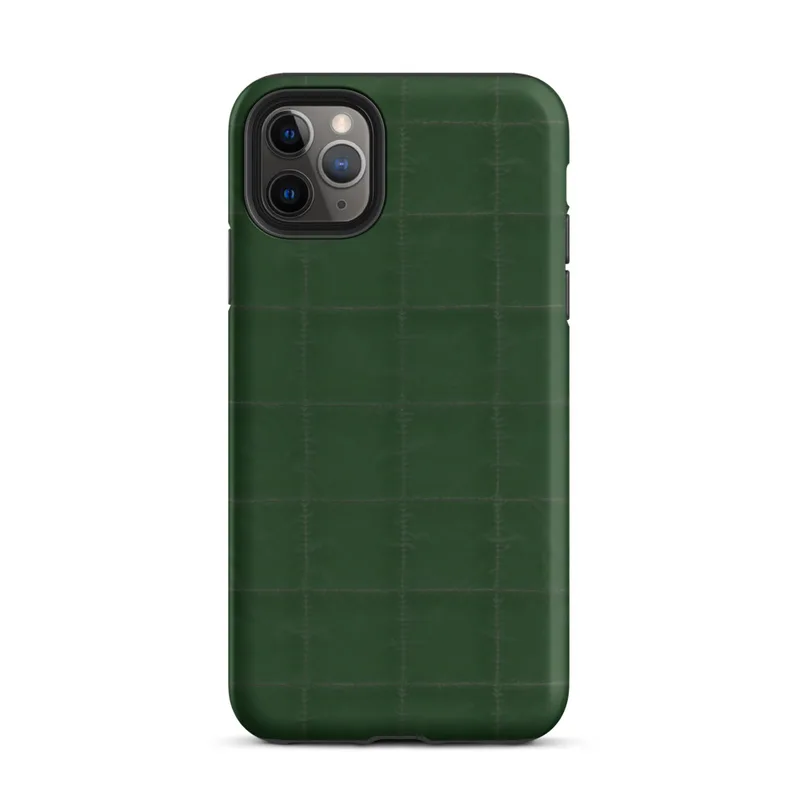 Matte Forest Green Quilted Grid Tough Case for iPhone — deep forest green quilted fabric surface with a stitched grid