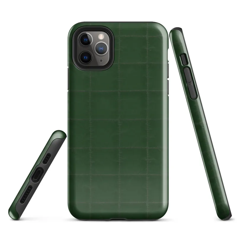 Glossy Forest Green Quilted Grid Tough Case for iPhone — deep forest green quilted fabric surface with a stitched grid