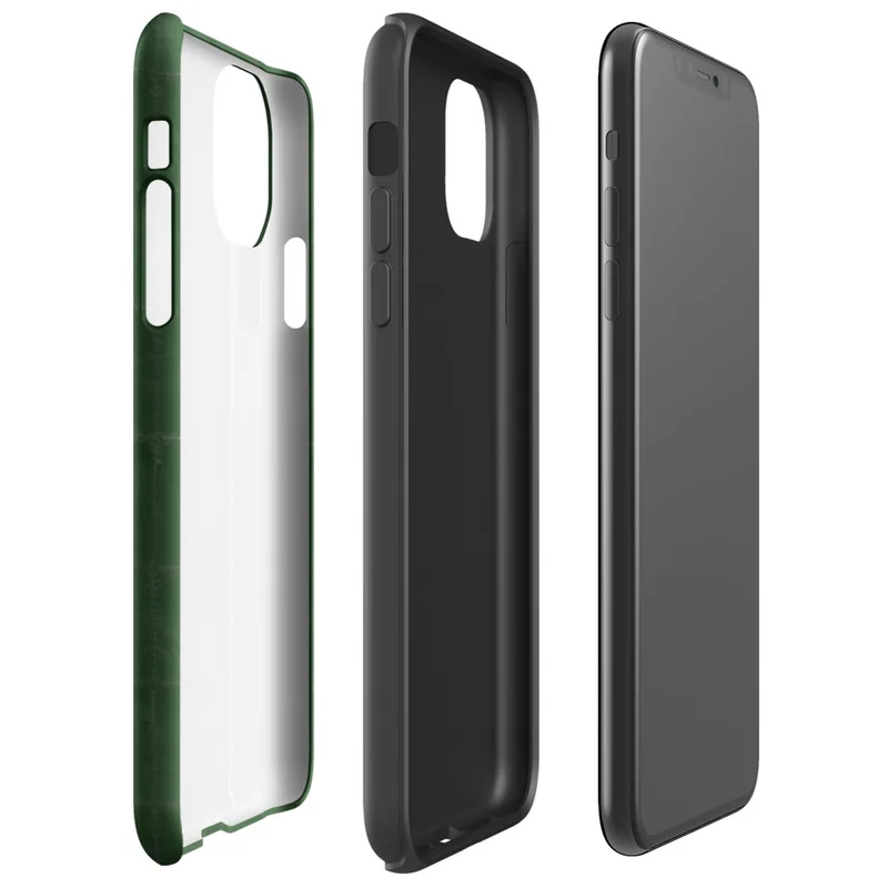 Glossy Forest Green Quilted Grid Tough Case for iPhone — deep forest green quilted fabric surface with a stitched grid