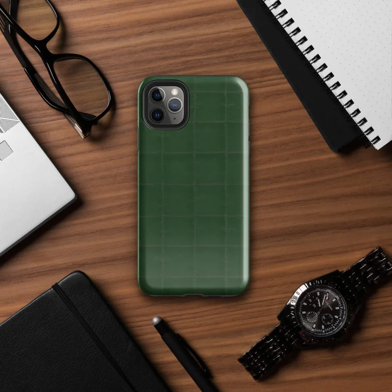 Glossy Forest Green Quilted Grid Tough Case for iPhone — deep forest green quilted fabric surface with a stitched grid