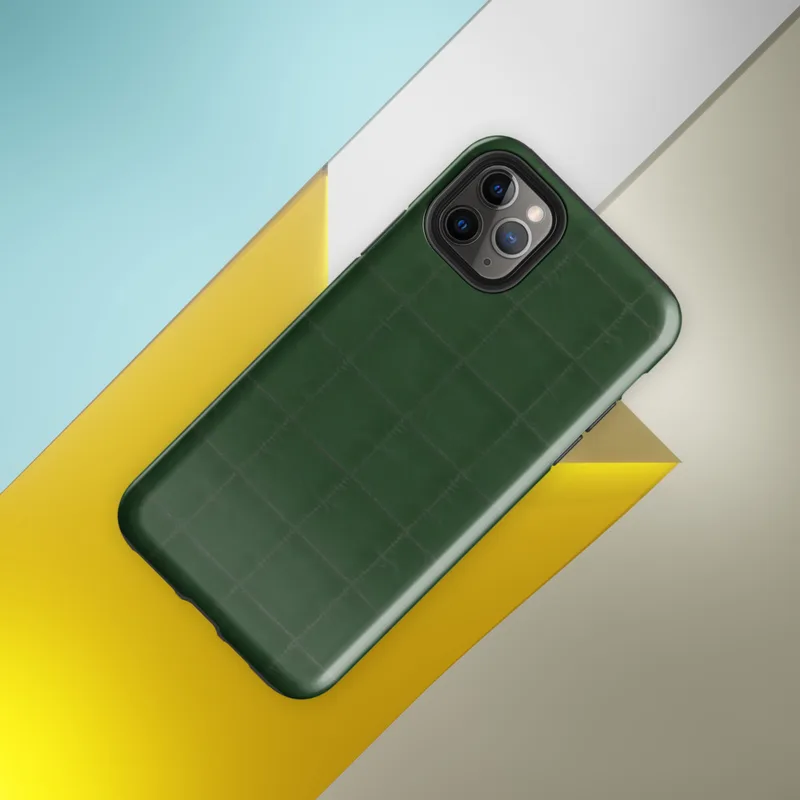 Glossy Forest Green Quilted Grid Tough Case for iPhone — deep forest green quilted fabric surface with a stitched grid