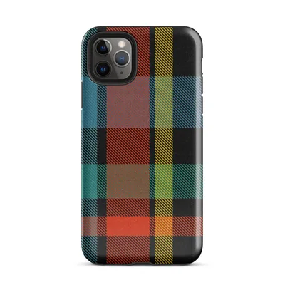 bold tartan plaid pattern in black, fiery red-orange, electric teal, and golden yellow with diagonal stripe texture on Glossy Bold Plaid Riot Tough Case for iPhone - default view