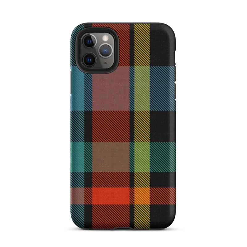 Matte Bold Plaid Riot Tough Case for iPhone — bold tartan plaid pattern in black, fiery red-orange, electric teal