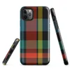 Glossy Bold Plaid Riot Tough Case for iPhone — bold tartan plaid pattern in black, fiery red-orange, electric teal