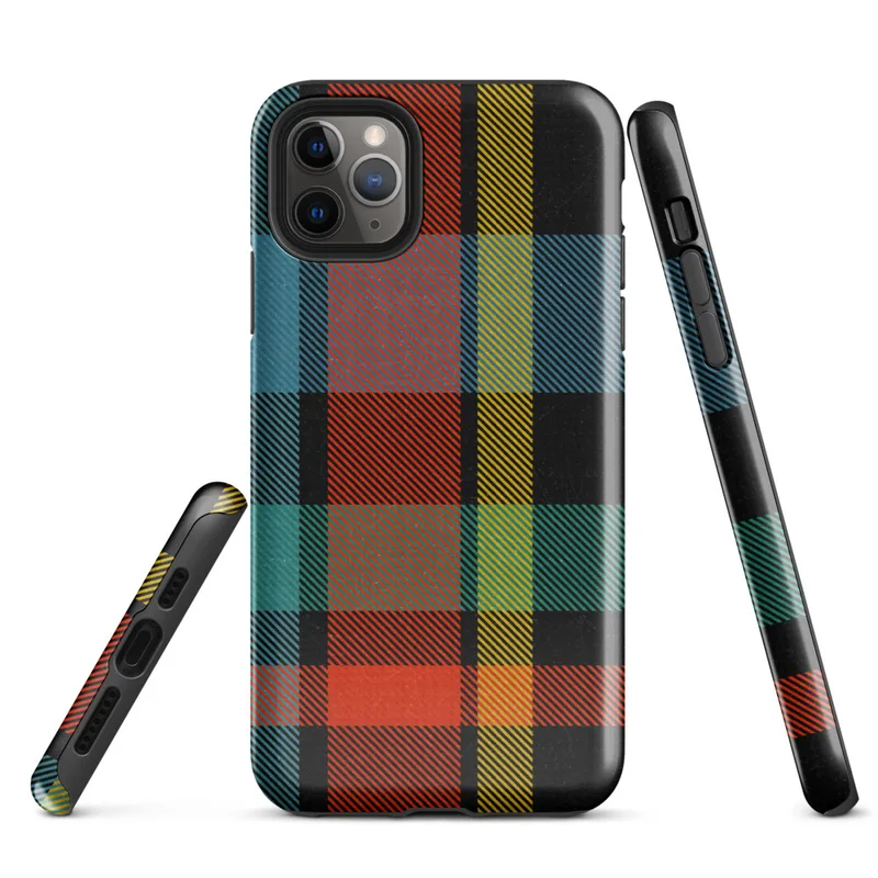Glossy Bold Plaid Riot Tough Case for iPhone — bold tartan plaid pattern in black, fiery red-orange, electric teal
