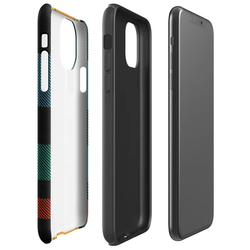 Glossy Bold Plaid Riot Tough Case for iPhone — bold tartan plaid pattern in black, fiery red-orange, electric teal