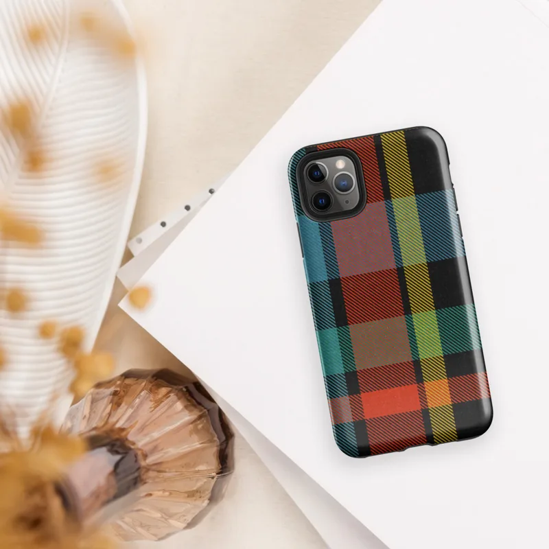 Glossy Bold Plaid Riot Tough Case for iPhone — bold tartan plaid pattern in black, fiery red-orange, electric teal