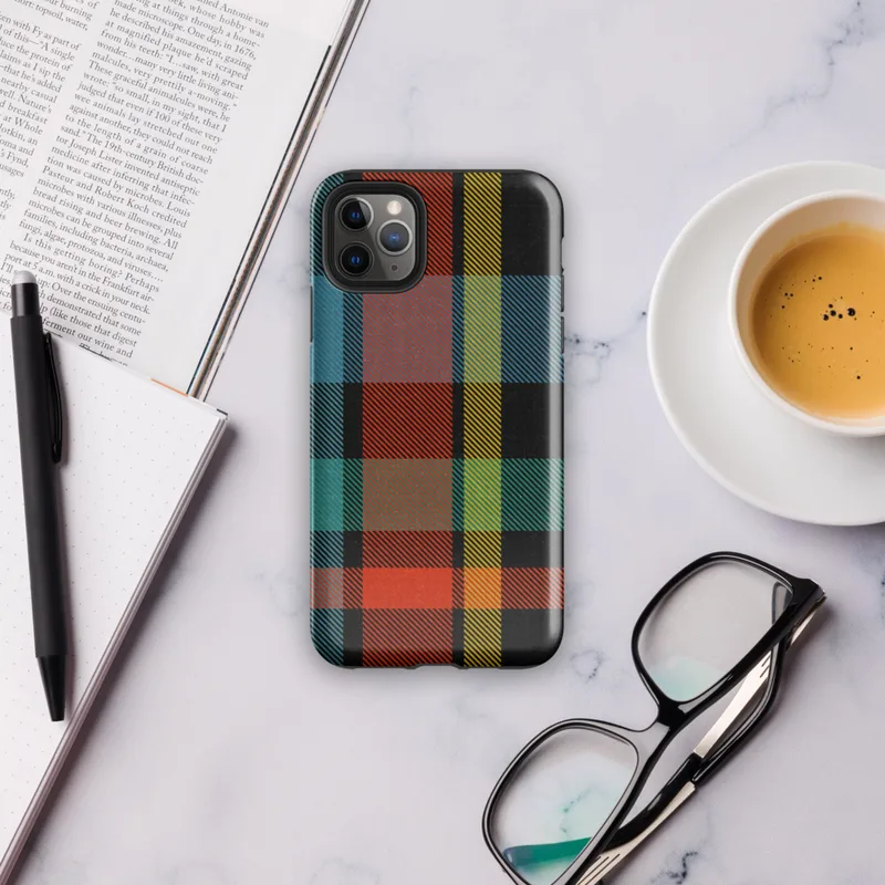 Glossy Bold Plaid Riot Tough Case for iPhone — bold tartan plaid pattern in black, fiery red-orange, electric teal