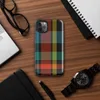 Glossy Bold Plaid Riot Tough Case for iPhone — bold tartan plaid pattern in black, fiery red-orange, electric teal