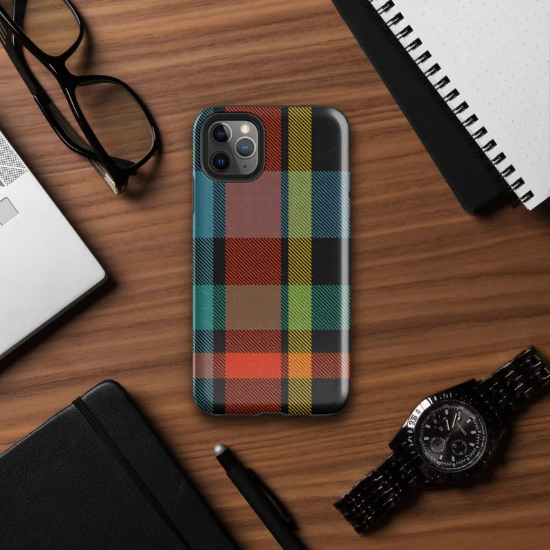 Glossy Bold Plaid Riot Tough Case for iPhone — bold tartan plaid pattern in black, fiery red-orange, electric teal