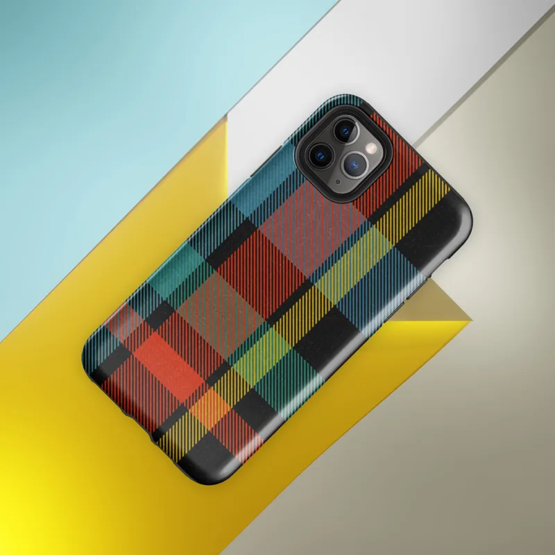 Glossy Bold Plaid Riot Tough Case for iPhone — bold tartan plaid pattern in black, fiery red-orange, electric teal