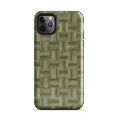 repeating grid of alternating horizontal and vertical line-textured squares in muted olive and khaki green tones, resembling woven basketweave fabric on Glossy Woven Grid Olive Tough Case for iPhone - default view