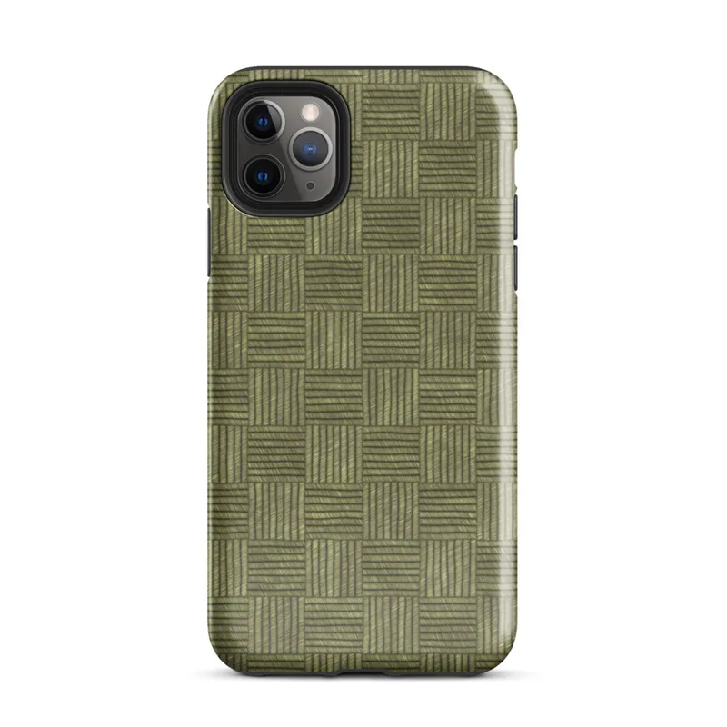 Glossy Woven Grid Olive Tough Case for iPhone — repeating grid of alternating horizontal and vertical line-textured squares
