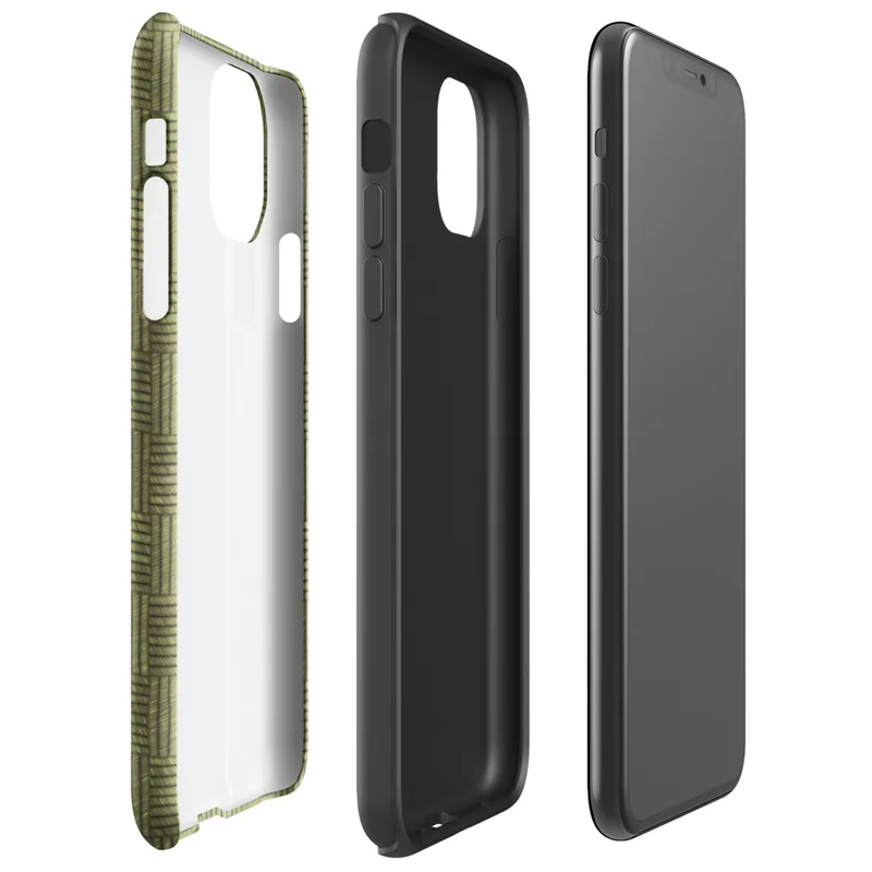 Glossy Woven Grid Olive Tough Case for iPhone — repeating grid of alternating horizontal and vertical line-textured squares
