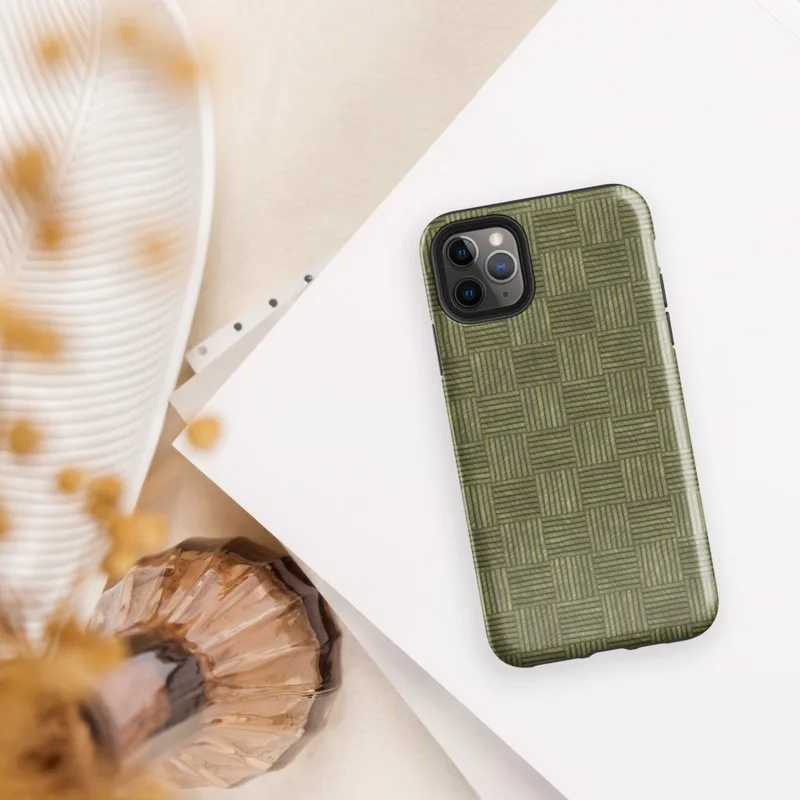 Glossy Woven Grid Olive Tough Case for iPhone — repeating grid of alternating horizontal and vertical line-textured squares