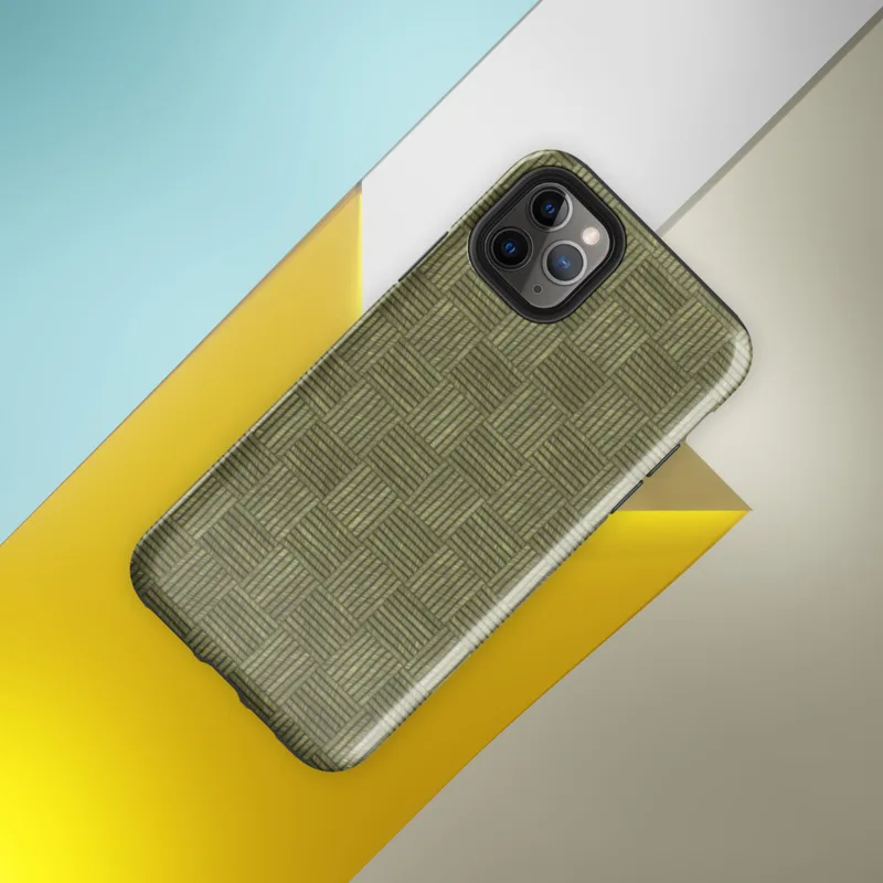 Glossy Woven Grid Olive Tough Case for iPhone — repeating grid of alternating horizontal and vertical line-textured squares