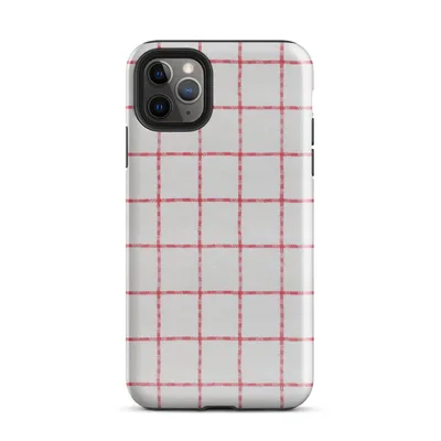 red and white windowpane plaid grid pattern on a soft white woven textile background on Glossy Classic Red Plaid Tough Case for iPhone - default view