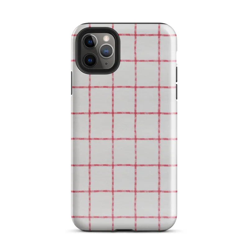 Glossy Classic Red Plaid Tough Case for iPhone — red and white windowpane plaid grid pattern on a soft white woven textile