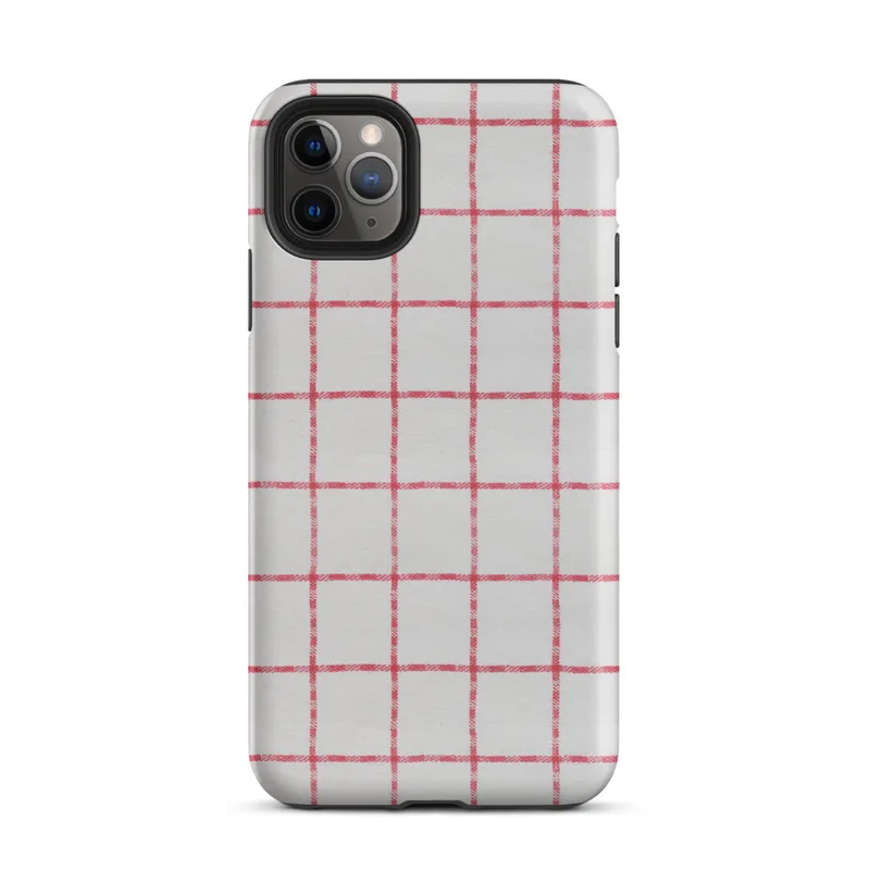 Matte Classic Red Plaid Tough Case for iPhone — red and white windowpane plaid grid pattern on a soft white woven textile