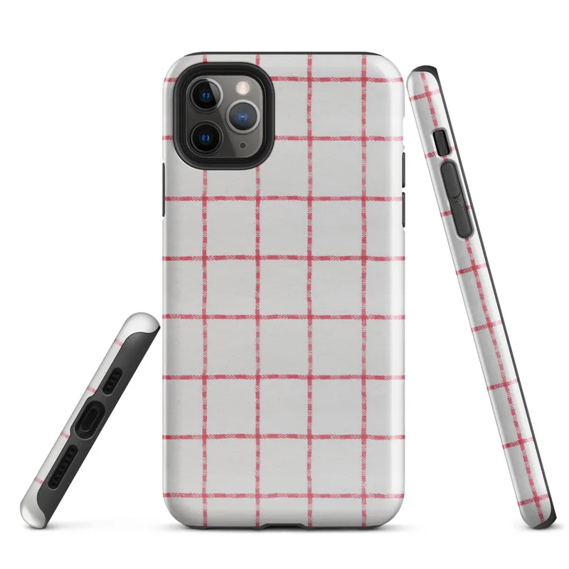 Glossy Classic Red Plaid Tough Case for iPhone — red and white windowpane plaid grid pattern on a soft white woven textile