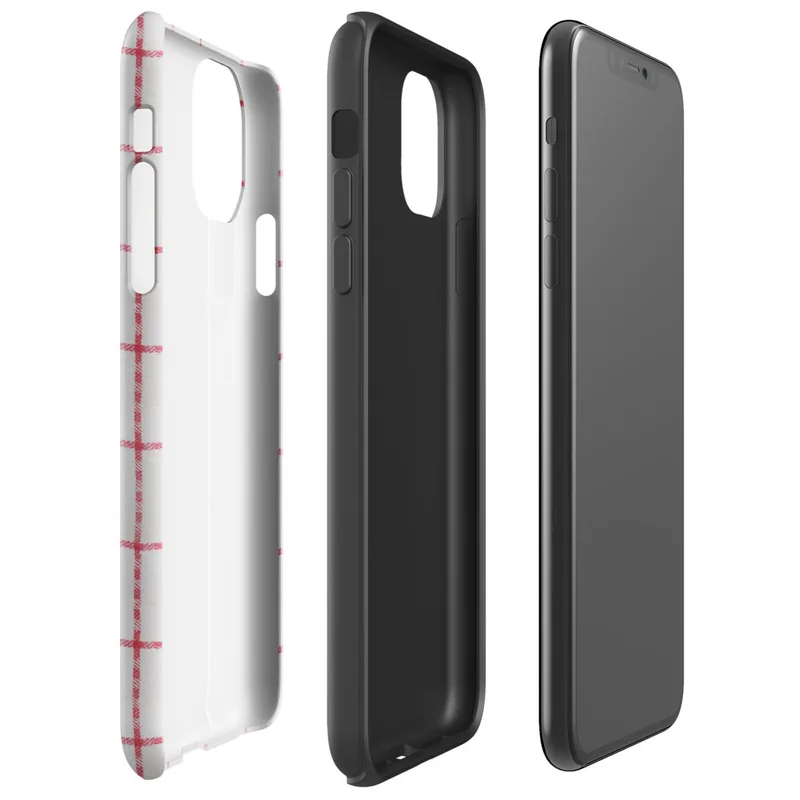Glossy Classic Red Plaid Tough Case for iPhone — red and white windowpane plaid grid pattern on a soft white woven textile